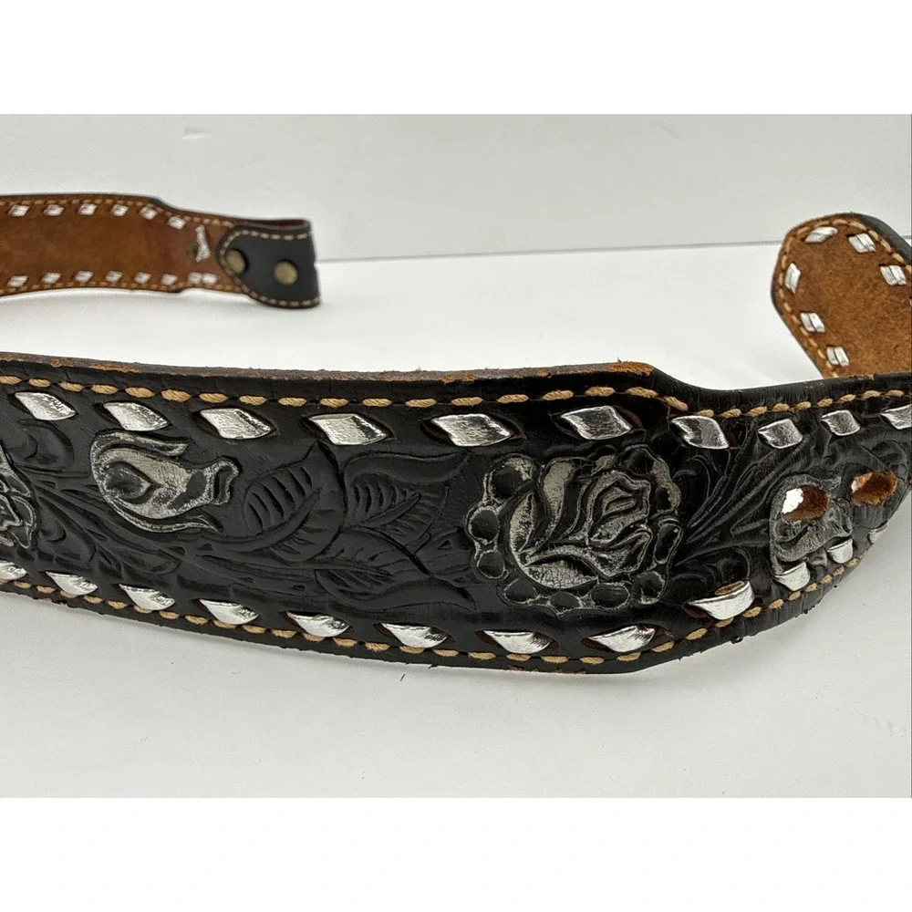 Vtg Hand Tooled Black Leather Belt Roses Embossed 